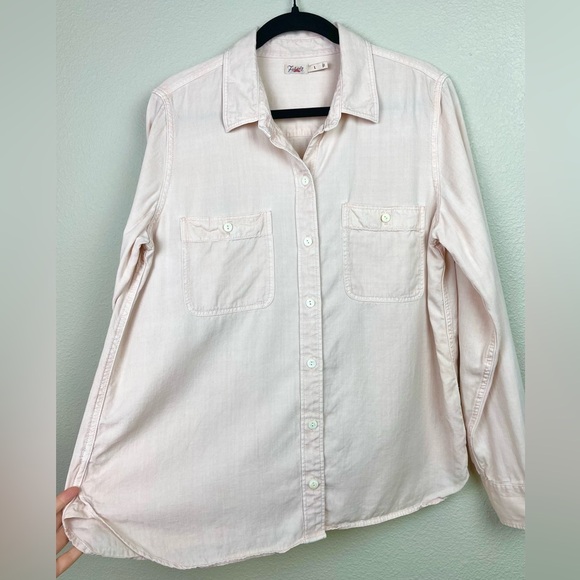 FAHERTY Women's Large Tried & True Chambray Shirt Peach Whip Collar Linen Blend - Picture 8 of 16